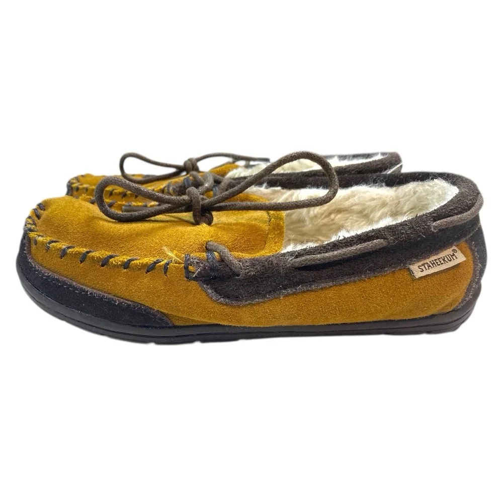 Staheekum Suede Moccasin Slippers Brown Tan Faux Fur Lined Indoor Outdoor Size 1